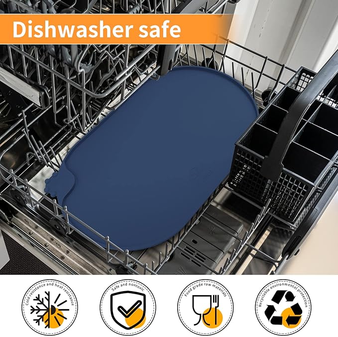 KPWACD Pet Placemat for Dog and Cat, Waterproof Silicone Dogs Feeding Bowl Mat Prevent Food and Water Overflow, High-Lips Puppy Dish Mats Suitable for Small Medium Big Pets, Navy, 24" * 16"