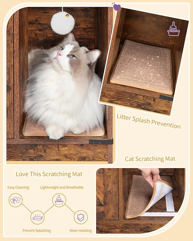 Cat Litter Box Enclosure, Hidden Litter Box Cabinet Furniture with Bell, Indoor Cat House, Farmhouse Style, 31.5 x 19.7 x 20.9Inches, for Hallway, Bedroom, Rustic Brown and Black CB82401X