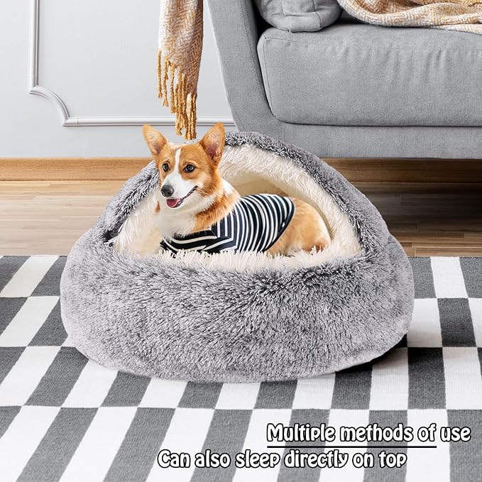 Round Hooded Cat Bed & Dog Bed with Cover Cave, Dog Bed for Small Dogs, Faux Fur Cuddler Round Coved Cat Bed Self Warming Donut Dog Bed Fits up to 12 lbs Pets (Gray, 20inch x 20inch)