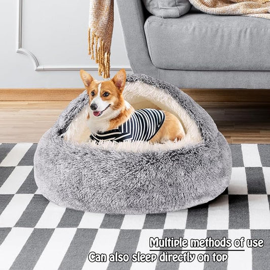 Round Hooded Cat Bed & Dog Bed with Cover Cave, Dog Bed for Small Dogs, Faux Fur Cuddler Round Coved Cat Bed Self Warming Donut Dog Bed Fits up to 12 lbs Pets (Gray, 20inch x 20inch)