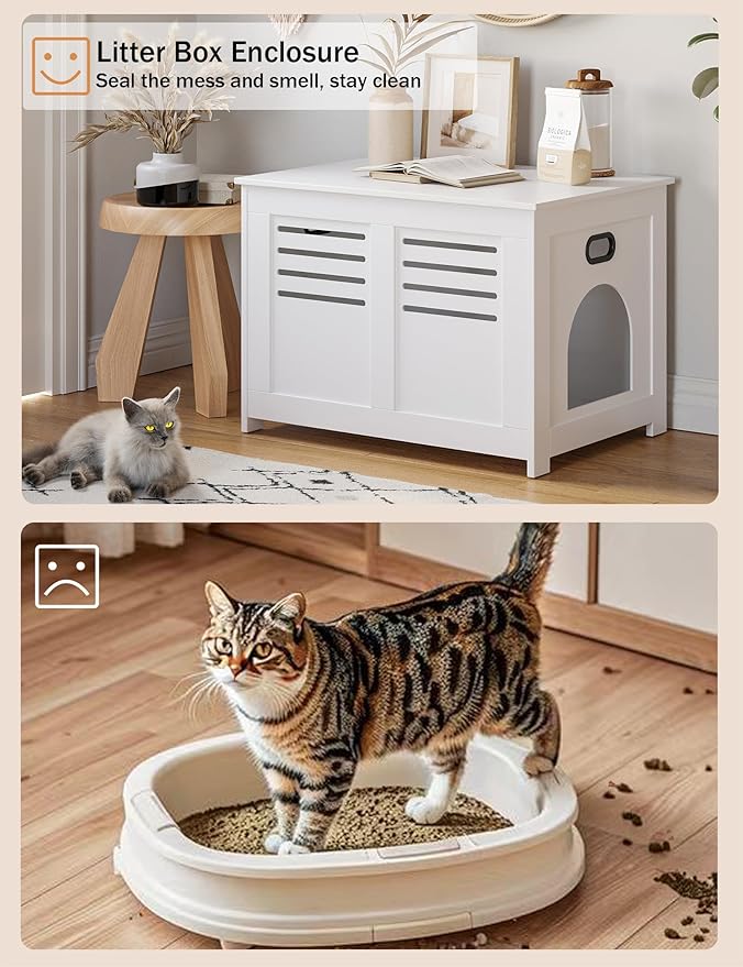 DINZI LVJ Litter Box Enclosure, Flip Top Litter Box Furniture, Hidden Cat Washroom, Wooden Cat House, End Table, 31.5" L x 19.7" W x 19.7" H, Good Ventilation, Easy to Assemble, White