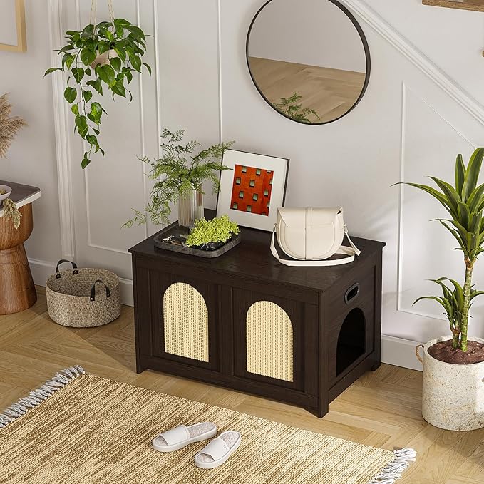 DINZI LVJ Cat Litter Box Enclosure, Flip Top Litter Box Furniture, Rattan-Like Hidden Cat Washroom, Wooden Pet House, End Side Table, 31.5"L x 19.7"W x 19.7"H, Easy to Assemble, Espresso with Rattan