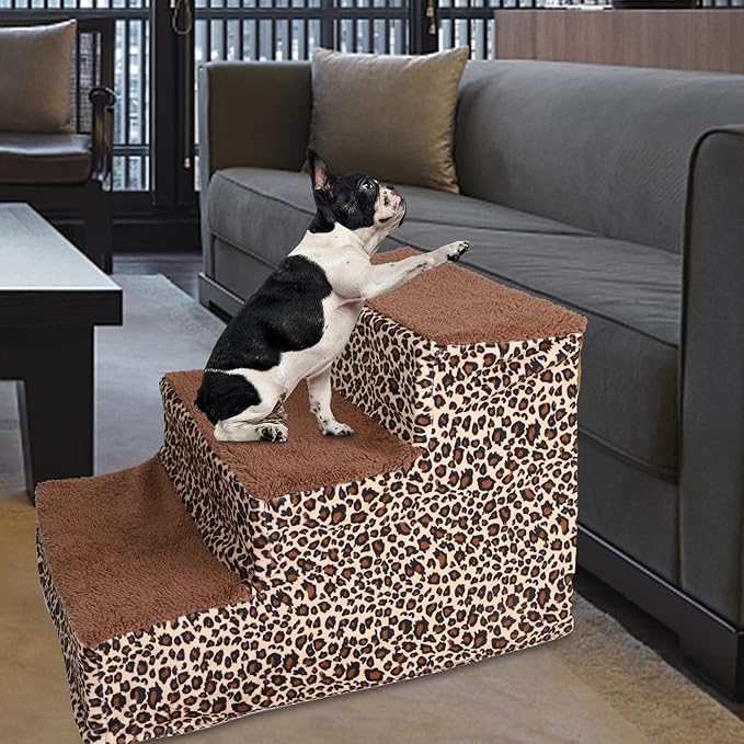 yofit Doggy Steps - Non-Slip 3 Steps Pet Stairs for Cats and Dogs, Foldable Plastic with Washable Carpet Holds Up to 50 lbs (Leopard)