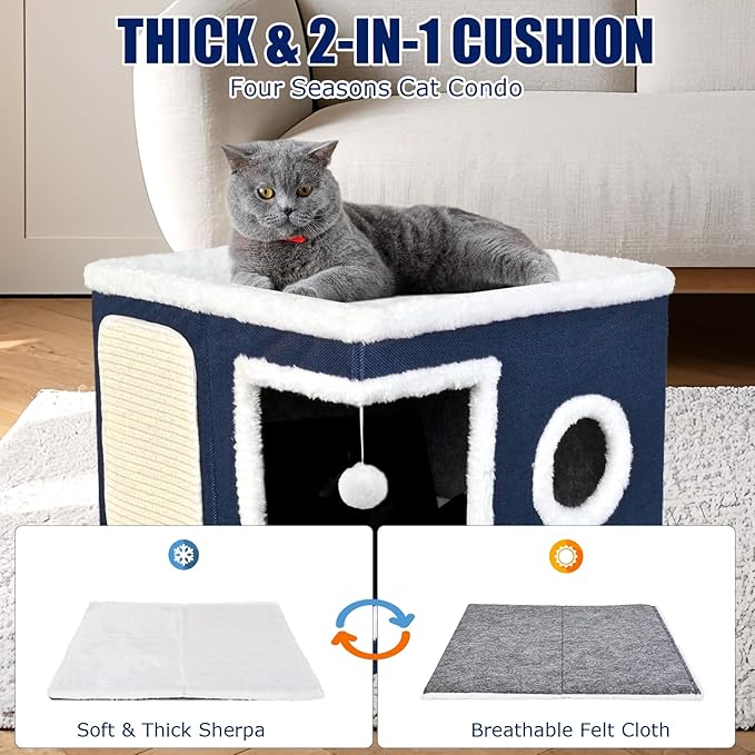 Cat Beds for Indoor Cats, Large Cat Cave Bed with Scratch Pad and Fluffy Ball, Foldable Cat Hideaway, Cat House with Reversible Cushion for Multi Small Pet Up to 30LBS, Blue