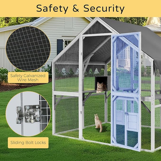 Catio Outdoor Cat Enclosure House Large for Multiple Cats, Wooden Cat Condo Cage for Outside with Waterproof Roof, Playpen, Resting Box, Platform, Bridges, Doors, 74”x57”x74”, Gray