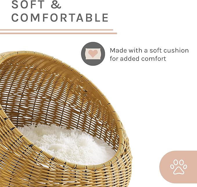 Sam's Pets NALA 19" Round Wicker Cat Bed - Stylish, Comfortable, and Private Pet Nest with Plush Cushion