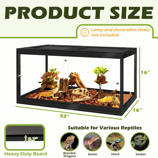 Prolee Tempered Glass Bearded Dragon Tank 37 Gallons,Reptile Encloure and Snake Tank with Metal Mesh Roof Door,Locking Design Reptile Tank for Lizard,Gecko,Chameleon (32"X16"X16",Black)