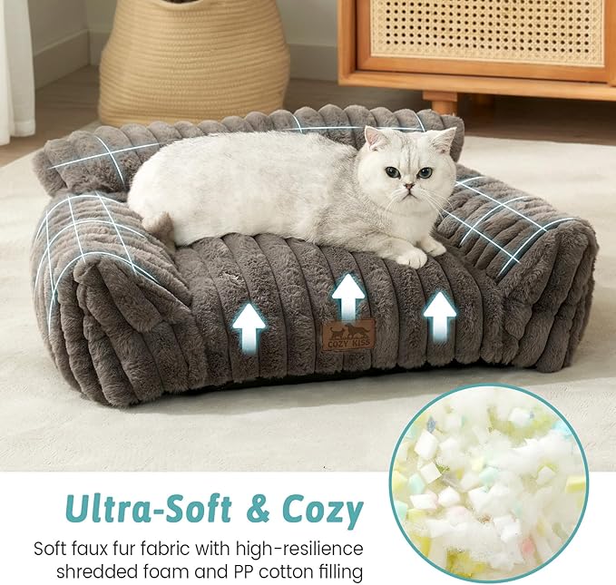 Cute Cat Couch, Premium Plush Faux Fur Pet Couch Bed, Ultra-Soft Pet Furniture for Cats & Small Dogs (Grey, M: 31.5''x23.5'')