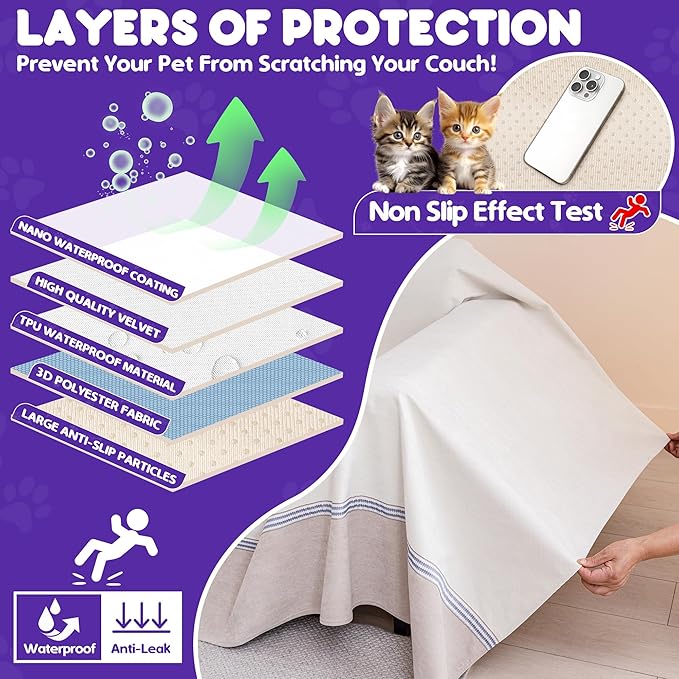 Cat Scratch Furniture Protector - Anti-Slip, Waterproof Sofa Cover to Keep Cats Off, Pet-Friendly Couch Protectors for 3 Cushion Couch, Beige Anti-Scratch Couch Cover for Pets and Kids 134"X91"Beige