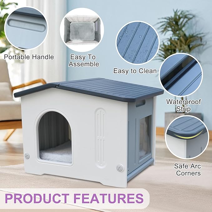 Rockever Plastic Outdoor Cat House with Escape Door, Waterproof Cat Shelters for Feral Cats Indoor Cat House with Mat, Sturdy Cat House for Outdoor Cats, Assemble Easily-Grey