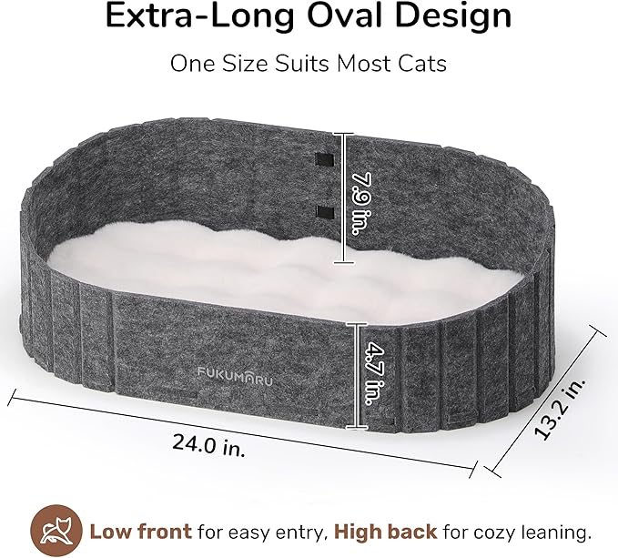 FUKUMARU Cat Beds for Indoor Cats, 24 Inch Large Cat Couch Bed with Cozy Faux Rabbit Fur Cushion, Felt Cats House Sofa in Oval Shape, Grey