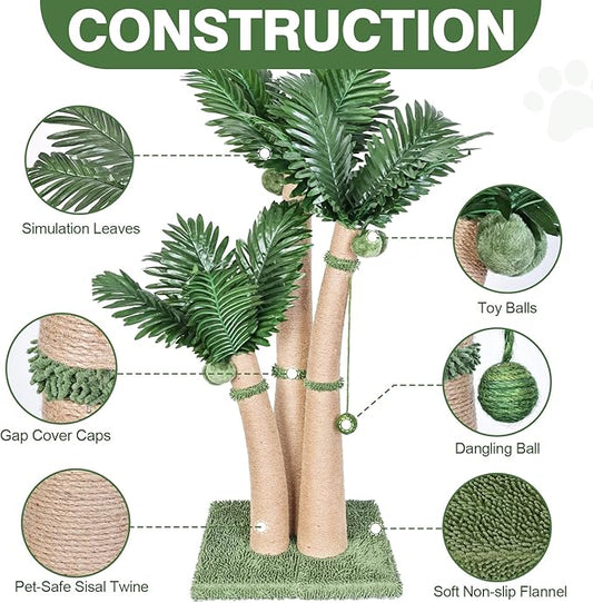 40'' Tall Cat Scratching Post Cat Tree, 3 Curved Design Palm Tree Cat Scratching Post with 8 Interactive Balls, Natural Sisal Rope Cat Scratchers for Indoor Cats, Multi-Combinable (Style D)