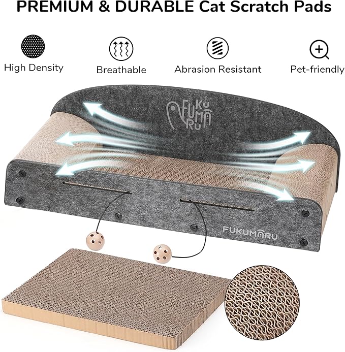 FUKUMARU 26 Inch Cat Scratcher Cardboard Lounge Bed, 2 Reversible Cat Scratch Pads Refill for Indoor Cats, Durable Cats Scratching Boards Extra Large Lounger Bed Sofa Couch with Ball Toy, Grey