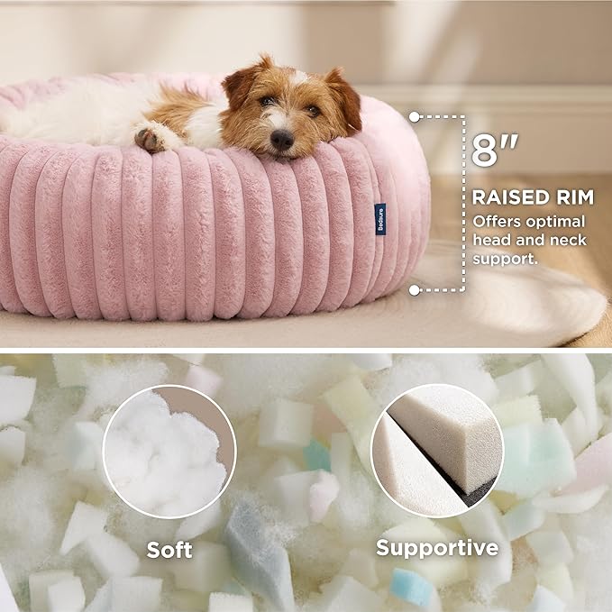 Bedsure Donut Small Dog Bed - Dog Beds for Small Dogs with Corduroy Fleece & Anti Slip Bottom, Round Faux Fur Pet Beds with Washable Removable Cover, Blush Pink, 27x27x8 inches