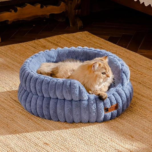 MEWOOFUN Cat Beds for Indoor Cats, Washable Dog Bed for Small Dogs, Round Pet Bed for Puppy and Kitten with Anti-Slip Bottom (Blue, 20"x20"x8")
