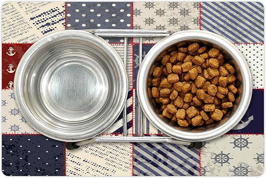 Lunarable Nautical Pet Mat for Food and Water, Maritime and Nautical Life Design with Vintage Sailor Knot Anchor Motifs, Non-Slip Rubber Mat for Dogs and Cats, 18" X 12", Vermilion Blue