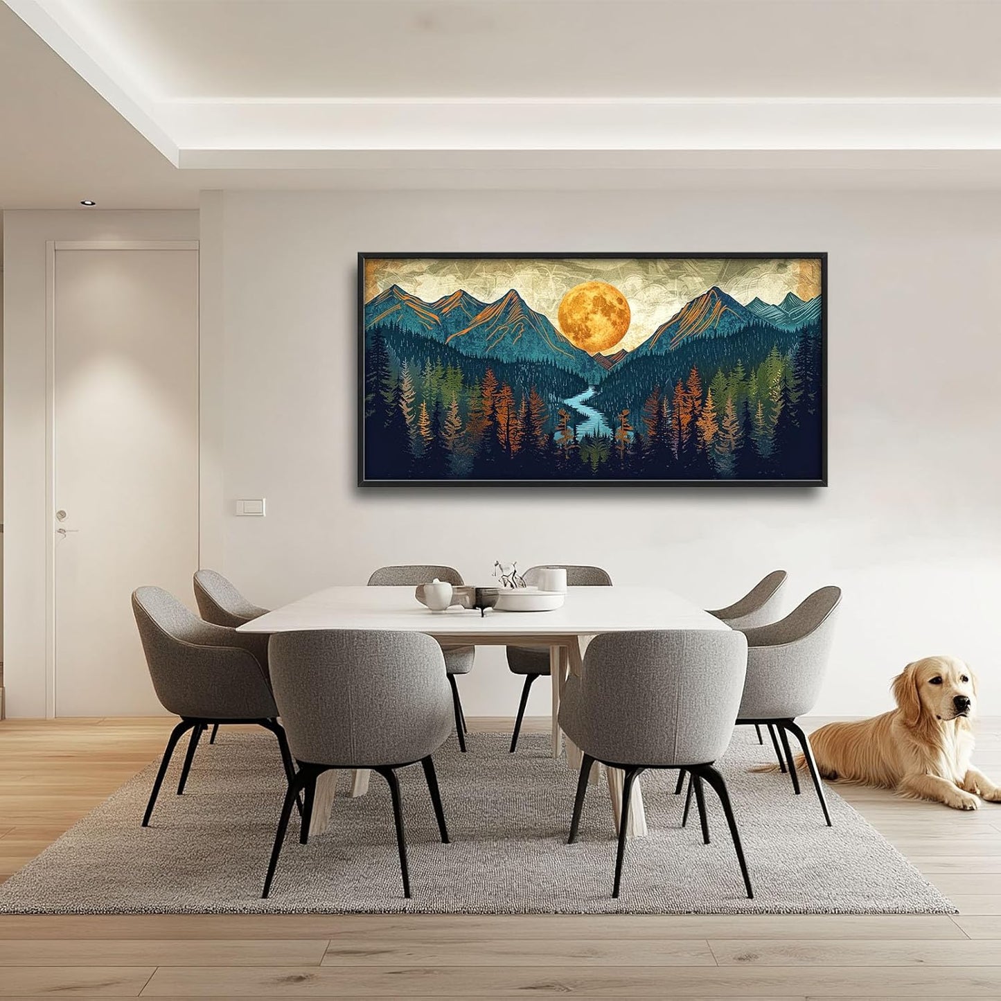 Quorin Boho Mountain Large Wall Art Mountain Landscape Pictures Moon Pine Tree Forest Lake Wall Decor Nature Canvas Print Painting Artwork for Bathroom Living Room Bedroom 60L x 30W