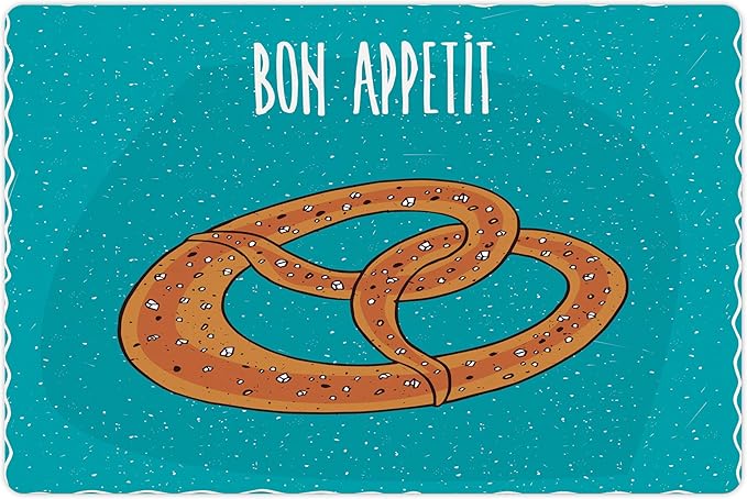 Lunarable Bon Appetit Pet Mat for Food and Water, Pretzel Design Bon Appetit Lettering Hand Drawn Cartoon Food Words, Non-Slip Rubber Mat for Dogs and Cats, 18" X 12", White Brown
