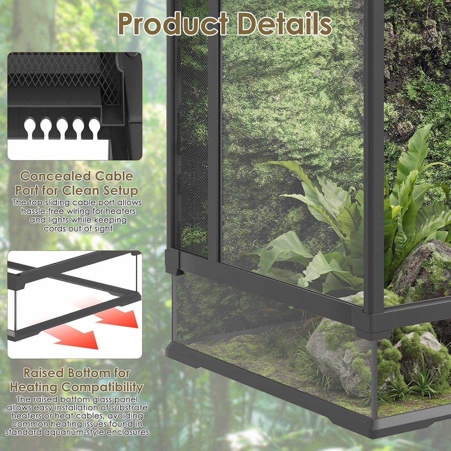 Erinnyees 67 Gallon Reptile Terrarium with Top Screen Ventilation, Snake Habitat with Heating Pad Space, Front Opening Reptile Vivarium with Sliding Cable Outlet for Leopard Geckos, Snakes, Turtles