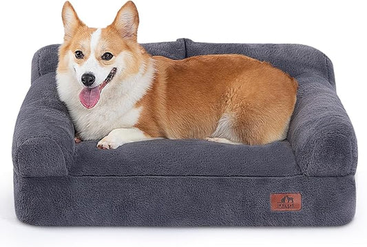 Hollypet Fluffy Plush Dog Cat Pet Couch Soft Calming Sofa Bed for Medium Small Cats and Dogs, Gray, M