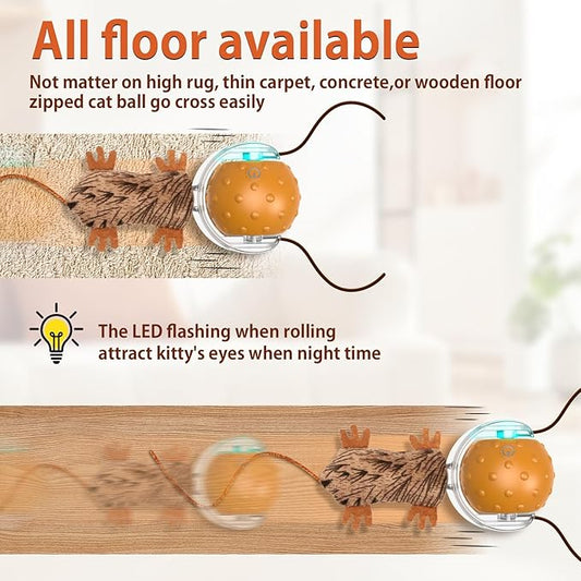 Interactive Cat Toys Ball Mouse Chirping Game Motion Activated Play Cat Ball Fast Rolling on Carpet, for High Energy Kittens