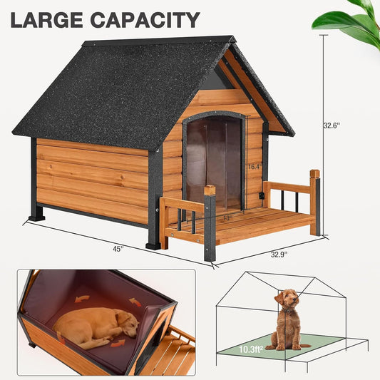 Dog House with Insulated Liner Outdoor Indoor All-Around Iron Frame Design Dog House with Porch＆Raised Feet for Small Medium Large Dogs（Brown）