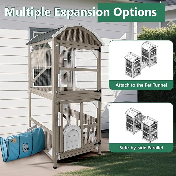 71" Catio Outdoor Cat Enclosures Cat House Waterproof, Indoor Kitty Patio Cage Condo Attachable Window with 3 Platforms Resting Box