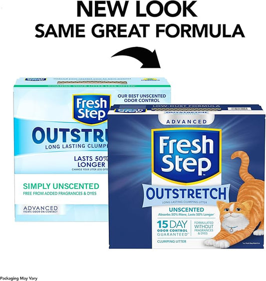 Fresh Step Outstretch Advanced Long Lasting Clumping Litter Simply Unscented, Activated Charcoal Litter Lasts 50% Longer, 32 lbs. (2 x 16 lb. Box)