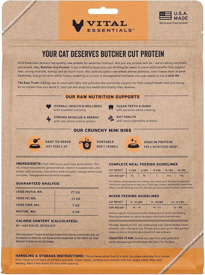 Vital Essentials Freeze-Dried Raw Pork Meal or Mixer Cat Food Crunchy Nibs, 8 oz