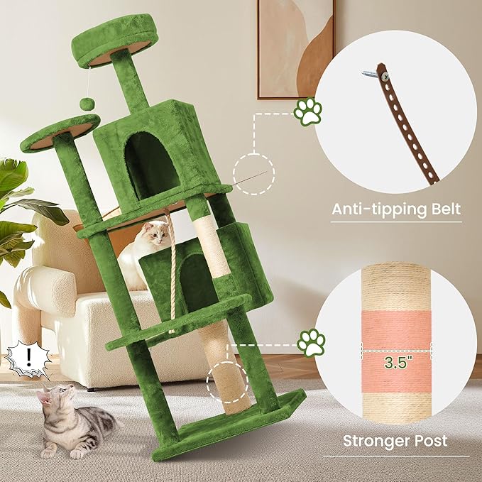 58.5inch Large Cat Tree Tower Condo for Indoor Cats, Soft Plush Multi-Level Climbing Tree Cat House with 1 360° Rotating Cat Cave, Scratching Post, More Entrance/Exit, Sisal Rope, Green