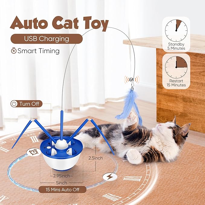 Automatic Cat Toys,7in1 Detachable Interactive Cat Toy, USB Rechargeable Cat Toys for Indoor Cats with Feather Butterfly Ribbon Cat Wand Catnip Ball for Cats Enrichment (Blue)