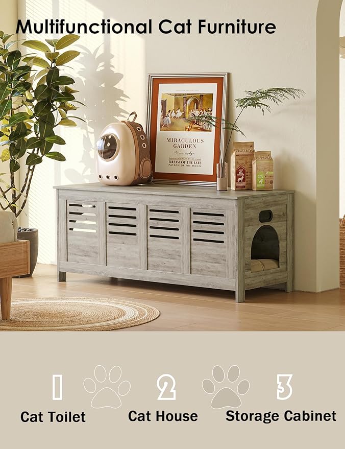 DINZI LVJ Litter Box Enclosure Furniture for 2 Cats, Top Opening Hidden Litter Box with Double Rooms, Dual Cat House with Good Ventilation, 47.2" Wooden Washroom, Cabinet, Gray Wash