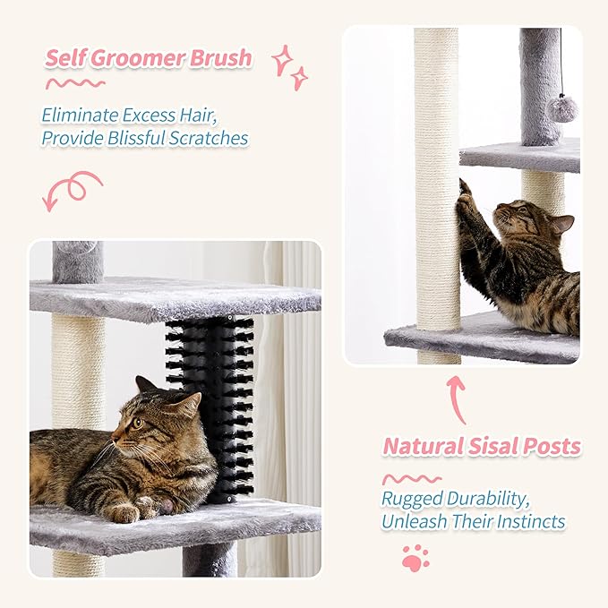 Made4Pets 52.4" Tall Multi-Level Large Cat Tower for Indoor Cats With Scratching Posts, Pompoms, Grooming Brush and Perch - Grey