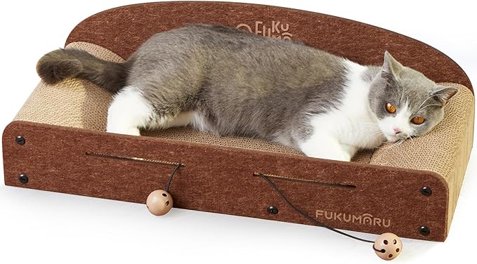 FUKUMARU 26 Inch Cat Scratcher Cardboard Lounge Bed, Durable Cat Scratcher Extra Large Lounger, 2 Reversible Cat Scratching Pads Refill for Indoor Cats, Cat Scratch Bed Cardboard Toy, Caramel Color