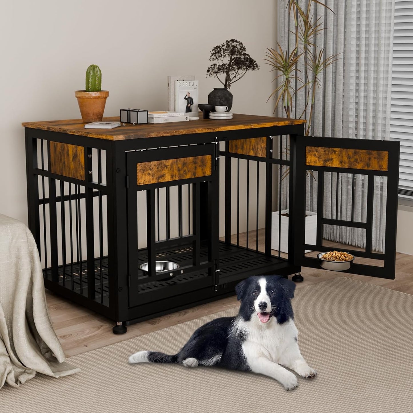 Dog Crate Furniture End Table 38 Inch Hidden Kennel Cabinet with Removable Tray, Thickened Metal Frame Dog Cage, Dual-Purpose Pet House & Nightstand for Living Room