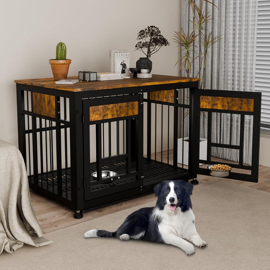 Dog Crate Furniture End Table 38 Inch Hidden Kennel Cabinet with Removable Tray, Thickened Metal Frame Dog Cage, Dual-Purpose Pet House & Nightstand for Living Room