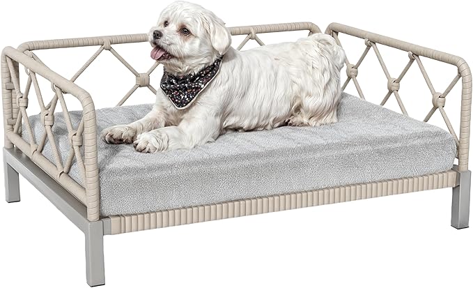 Dog Bed with Cushion, Cooling Elevated Raised Beds with Rattan Breathable Mesh and Universal Mat, Indoor & Outdoor Pet Cots for Small Dog, Grey
