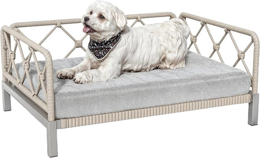 Dog Bed with Cushion, Cooling Elevated Raised Beds with Rattan Breathable Mesh and Universal Mat, Indoor & Outdoor Pet Cots for Small Dog, Grey