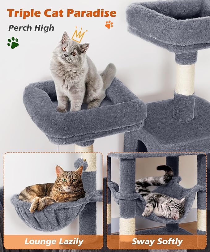 AMHANCIBLE Cat Tree, 70 Inch Tall for Indoor Adult Cats, Large Multi-Level Tower with Scratching Post, Hammock, Condos, Hanging Basket, Activity Center to Play and Sleep, Grey, PT18GY