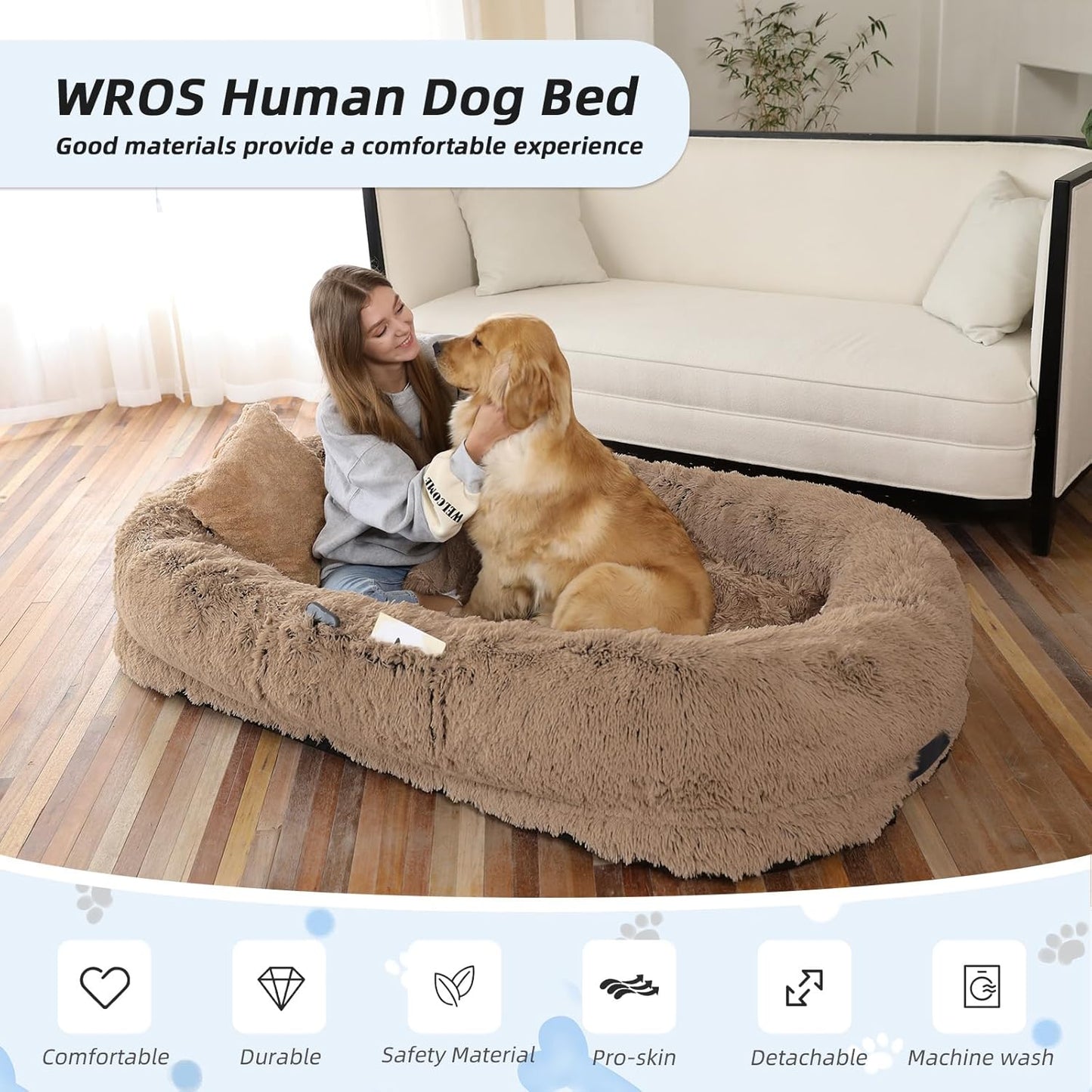 Human Dog Bed, Large Dog Beds for Humans Size Fits You and Pets, Washable Faux Fur Orthopedic Human Pet Bed for People Doze Off, Napping, Present Pillow, Blanket, Strap - Khaki