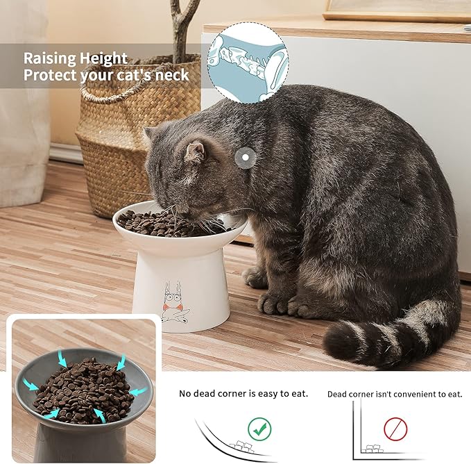 OMAYKEY 6.5 Inch Extra Wide Ceramic Raised Cat Bowls, Upgraded Elevated Porcelain Cat Food Water Bowl Dish, Stress Free Pet Feeder Bowls Dishes for Elder Big Cats & Small Dogs, White & Grey