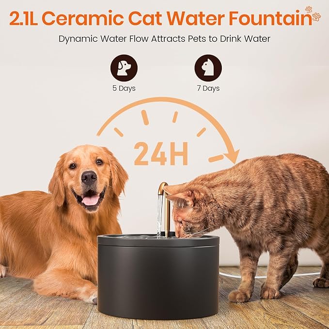 Ceramic Cat Water Fountain - 2.1L/71oz - All-Ceramic Body & Pure Copper Water Spout - Automatic Pet Drinking Fountain for Cats Indoor with Ultra-Quiet Pump, and 3Pcs Filter & Sponge (Black)