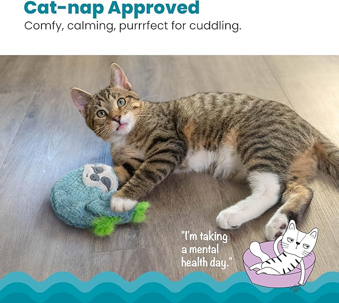 Catstages Purr Pillow Sloth Calming Cat Toy with Soothing Purr and Plush Material, Green - Helps Comfort Anxious Cats