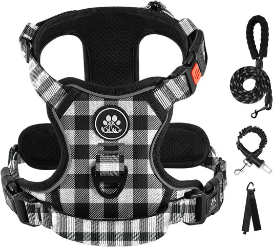 IVY&LANE No Pull Dog Harness with Leash Set, Reflective No Choke Pet Vest,Adjustable Oxford Dog Vest Harness with Easy Control Handle for Medium Lagre Dogs (Checkered Black,M)