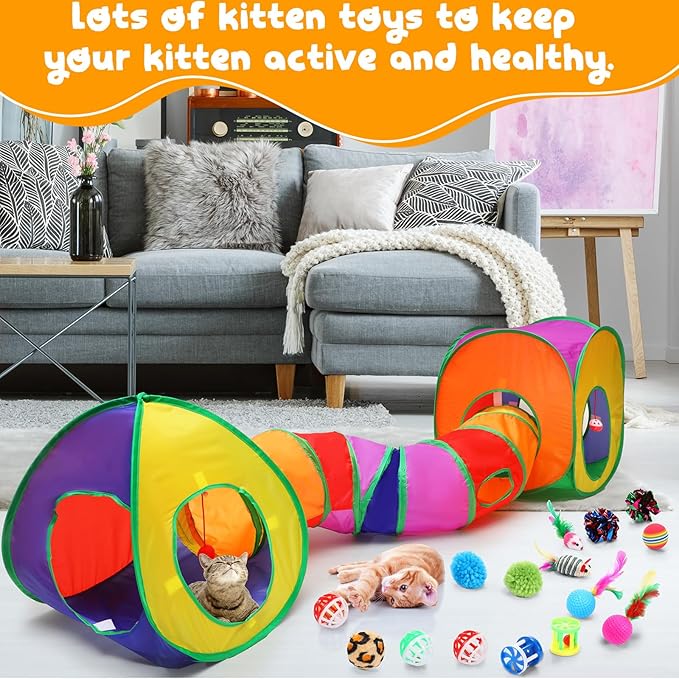 21 Pcs Cat Tunnels for Indoor Set, 3 In1 Collapsible Cat Tunnel Toy with Cube Tent Toys Combo and 20 Pcs Interactive Kitty Toys Feather Toy Fluffy Mouse Crinkle Balls for Kitten Puppy