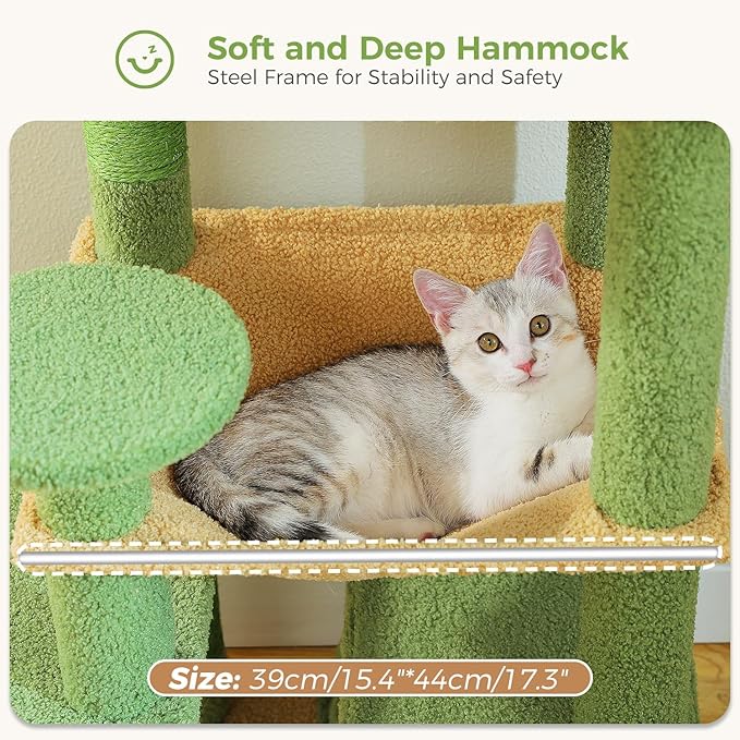 PAWZ Road Cat Tree, 53.5 Inches Tall Cat Tower with Spacious Hammocks, Condos and Scratching Posts, Cat House with Dual Padded Perches for Indoor Large Cats-Green