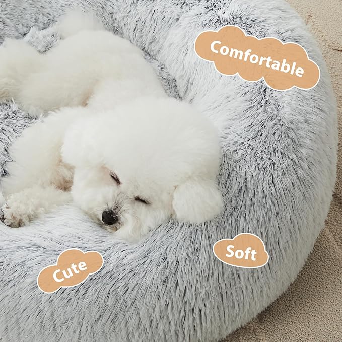 WNPETHOME Calming Dog Bed Cat Bed Donut, Faux Fur Pet Bed Self-Warming Donut Cuddler, Comfortable Round Plush Dog Beds(20 x 20 x 8 Inch, Light Grey)