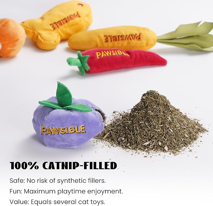 5 Pack Catnip Toys for Indoor Cats, 100% Pure Organic Catnip Filled with No Cotton, Teething Kicker Chew Toys for Kittens & Cats (Food Shape)
