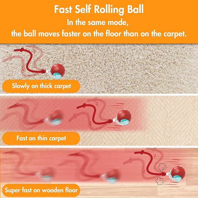 Interactive Cat Toys Ball for Indoor Cats, Automatic Fast Rolling Cats Toys to Keep Them Busy, Chirping & Motion Activated Moving Kitten Toy (Red)