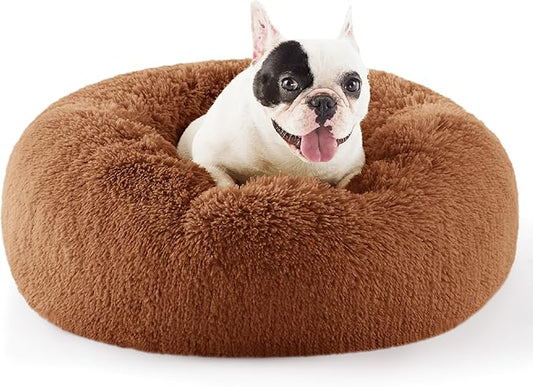 Bedsure Calming Dog Bed for Small Dogs - Donut Washable Small Pet Bed, 23 inches Anti-Slip Round Fluffy Plush Faux Fur Large Cat Bed, Fits up to 25 lbs Pets, Caramel